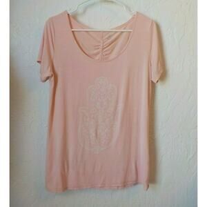GaIam Yoga Soft Pink T-Shirt Top Women Medium White Hand Print Stretch Rayon